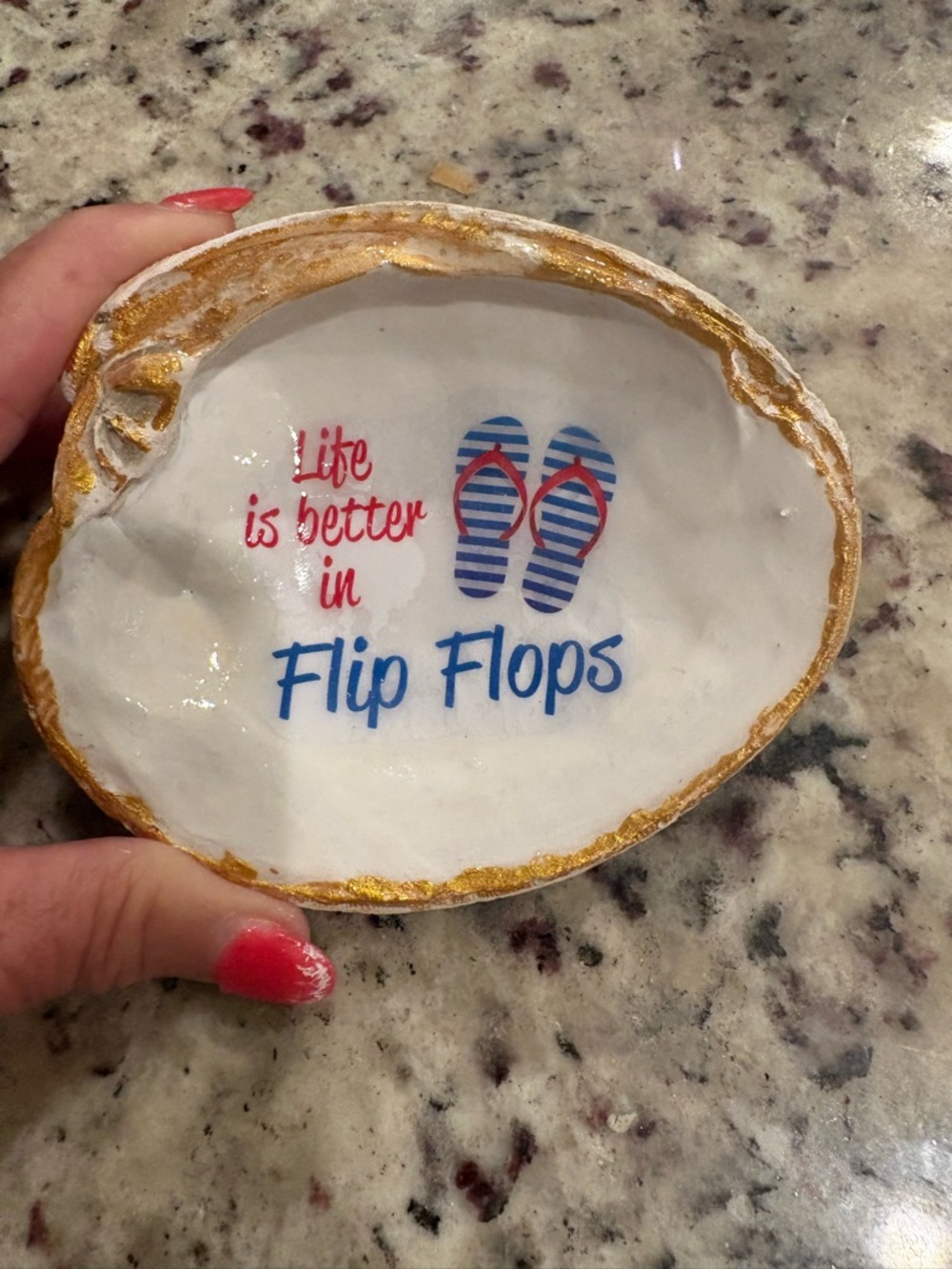 Flip Flops  clam Trinket Dish - White and Gold Accent